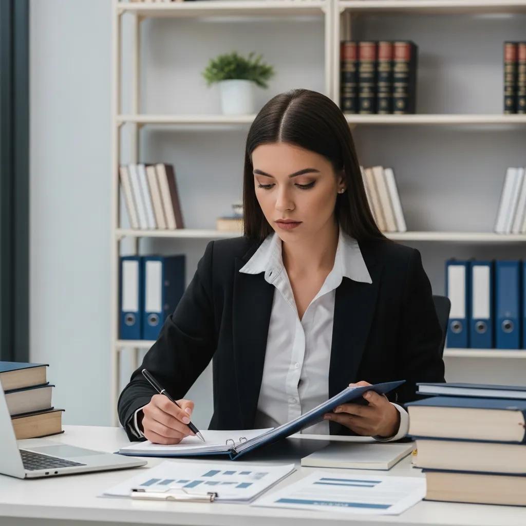 Business litigation attorney reviewing legal documents in an office