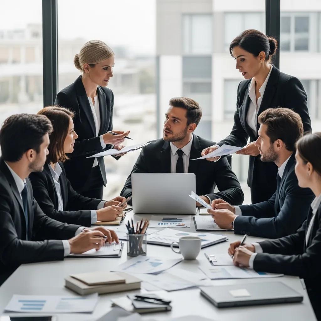 Business professionals discussing disputes in a modern conference room