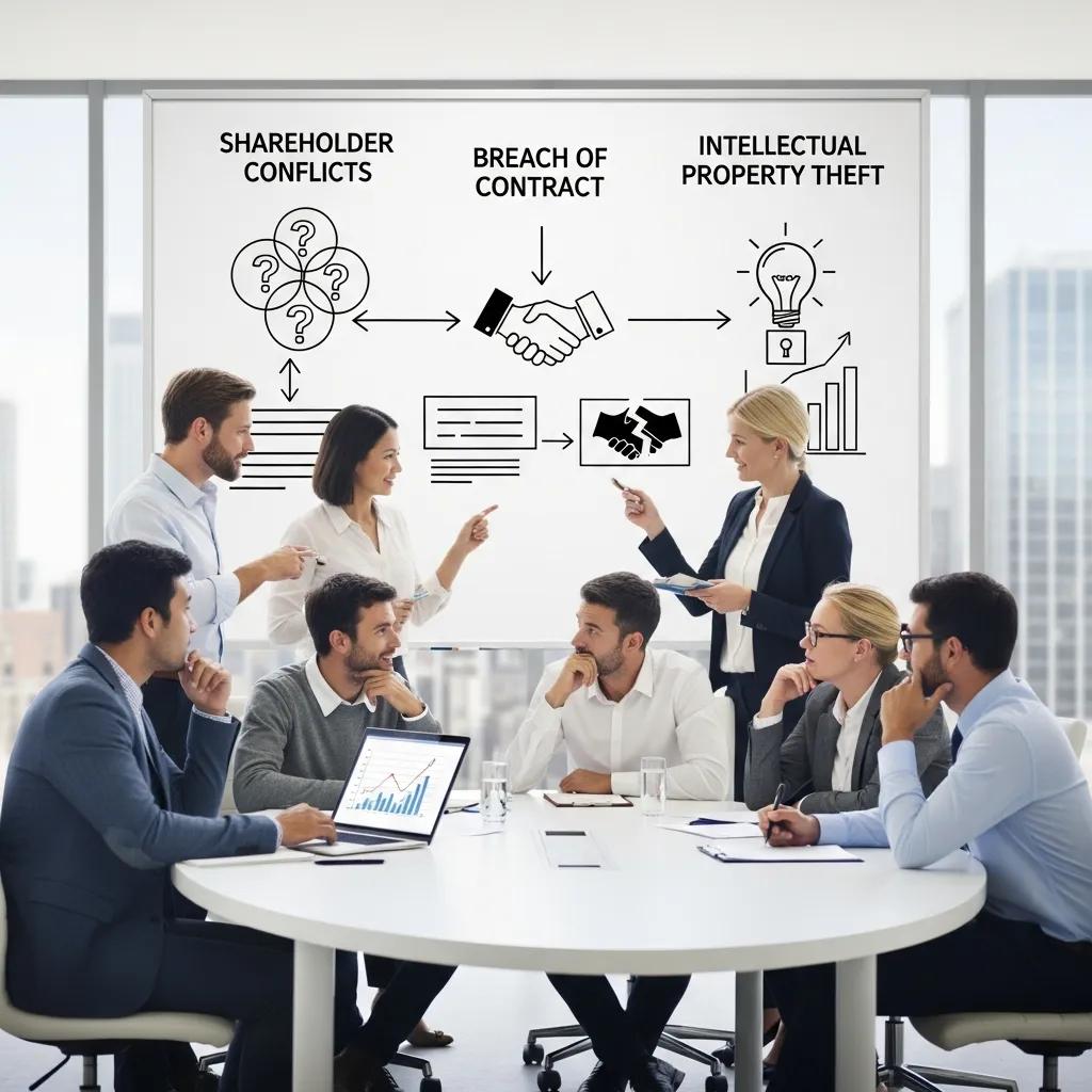 Business professionals discussing types of disputes in a meeting room