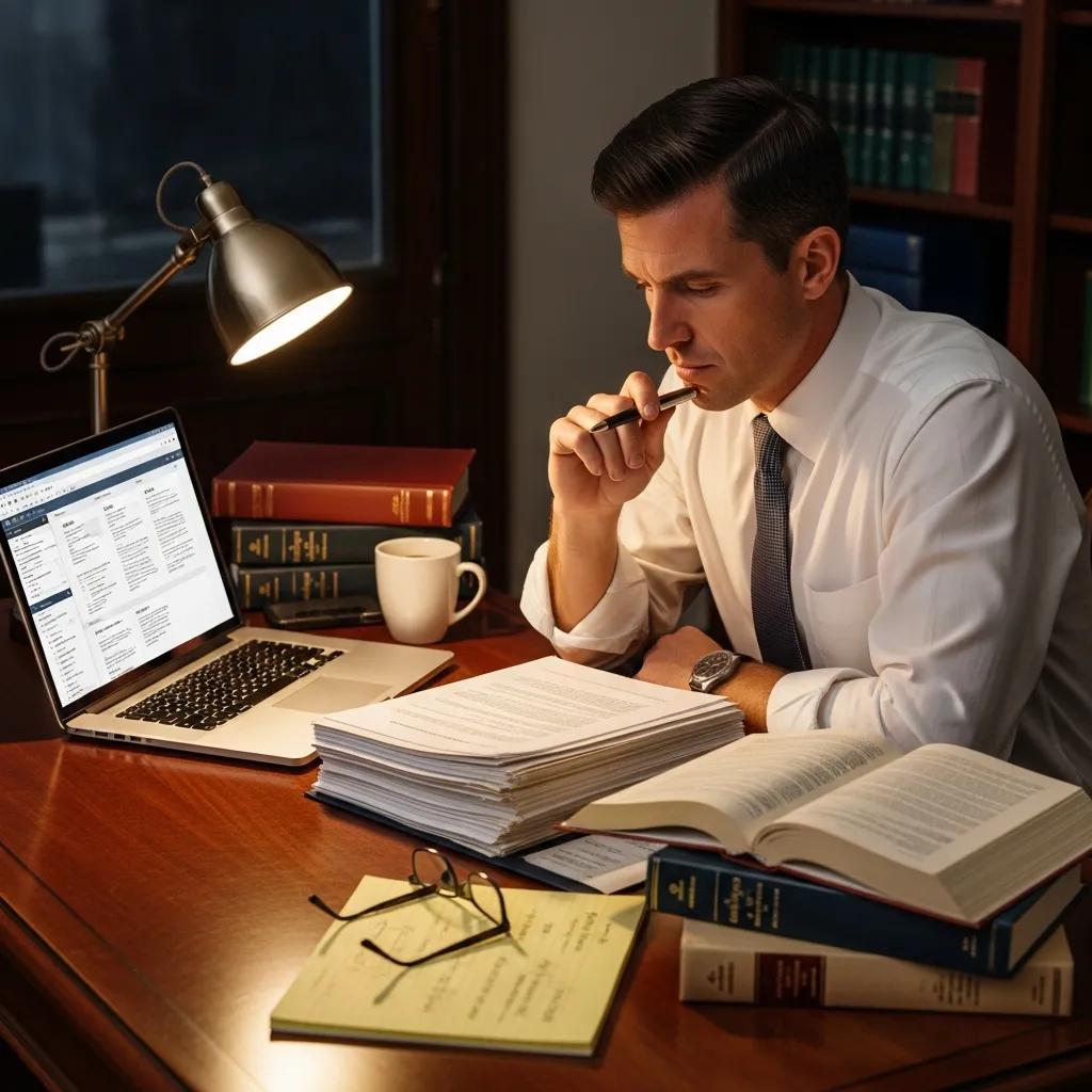 Commercial litigation attorney analyzing legal documents at a desk