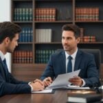 Commercial litigation attorney consulting with a business client in a modern office
