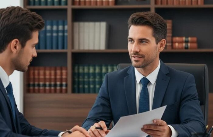 Commercial litigation attorney consulting with a business client in a modern office