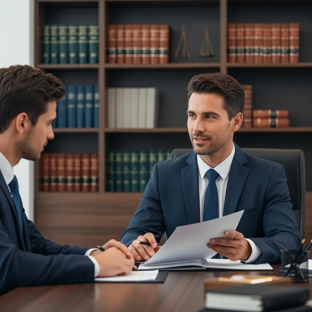 Commercial litigation attorney consulting with a business client in a modern office