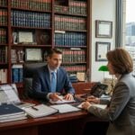 Corporate litigation attorney consulting with a business client in a modern office