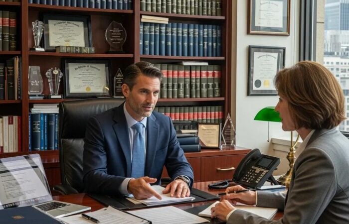Corporate litigation attorney consulting with a business client in a modern office