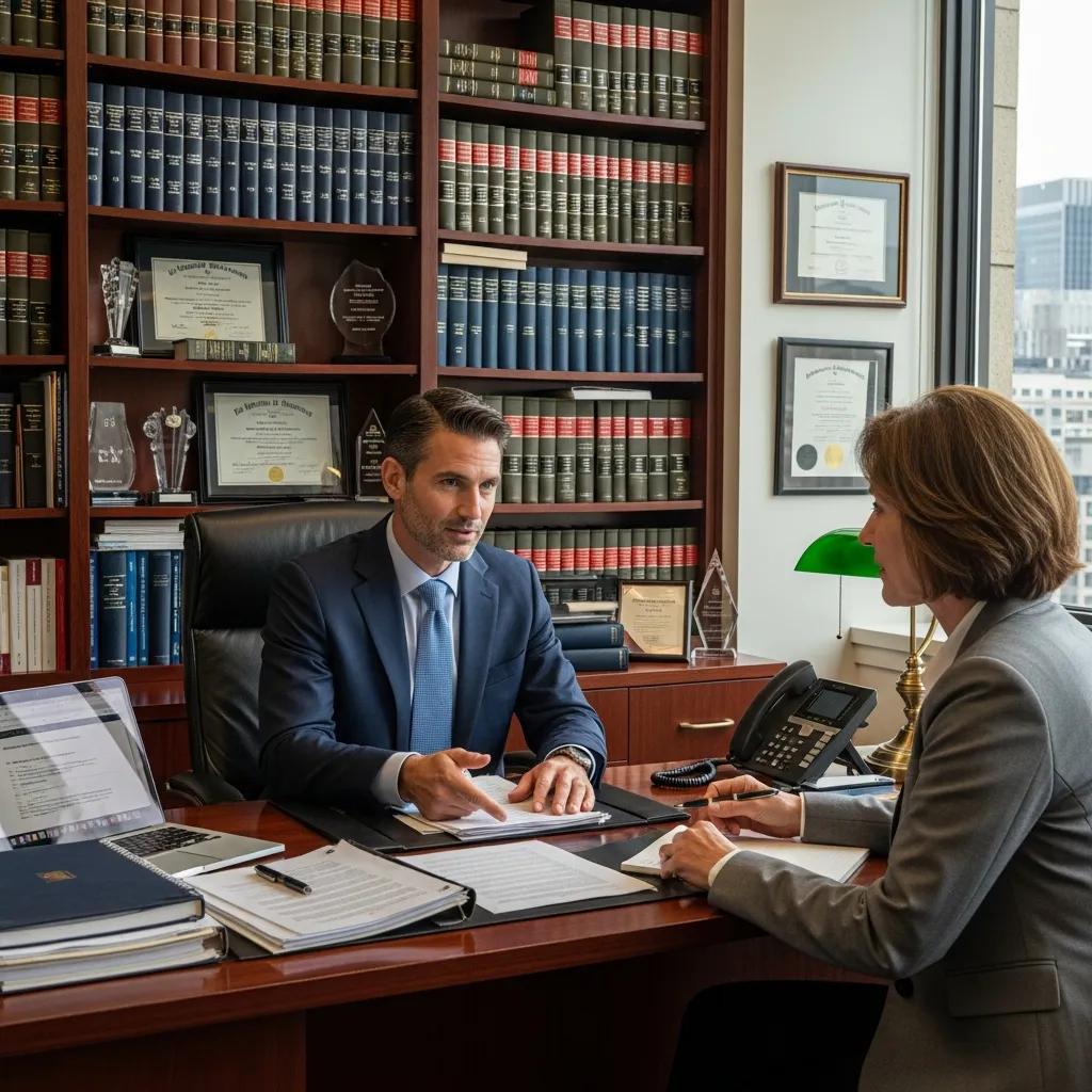 Corporate litigation attorney consulting with a business client in a modern office