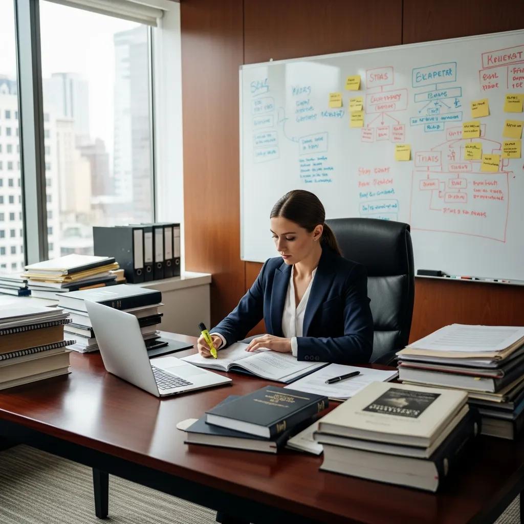 Corporate litigation attorney preparing for trial with legal documents and strategic notes