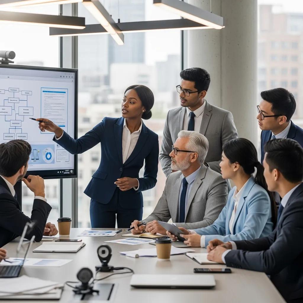 Diverse team of attorneys collaborating in a conference room for case strategy