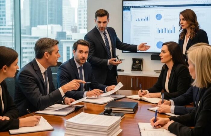 National litigation law firm team collaborating on contract dispute strategies